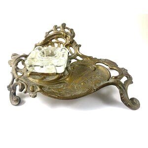 Antique Victorian Brass & Glass Inkwell Holder Desk Accessory With Ornate Design